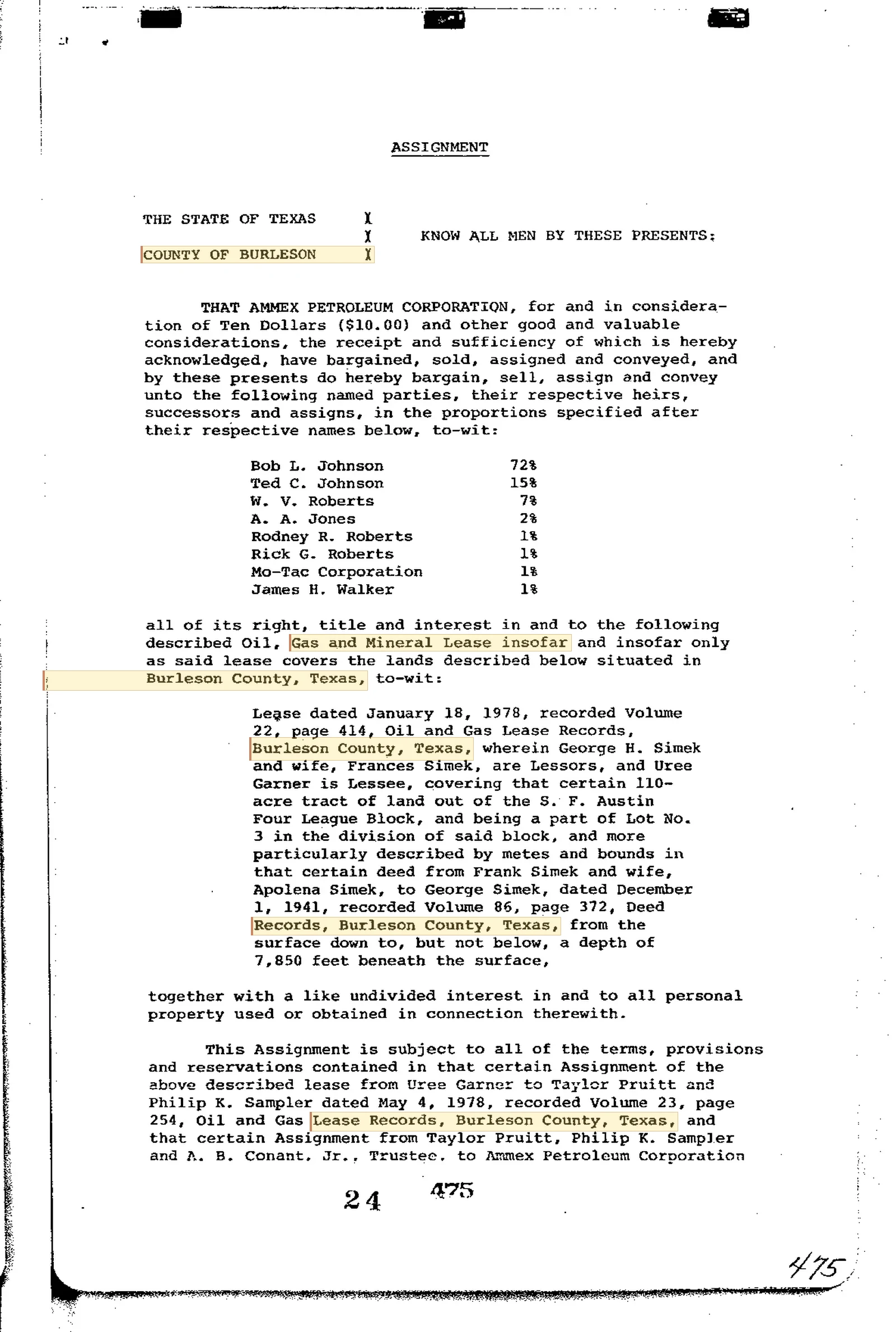 Ammex Petroleum, Inc. - Recorded Assignment (Vol. 24, Page 475)