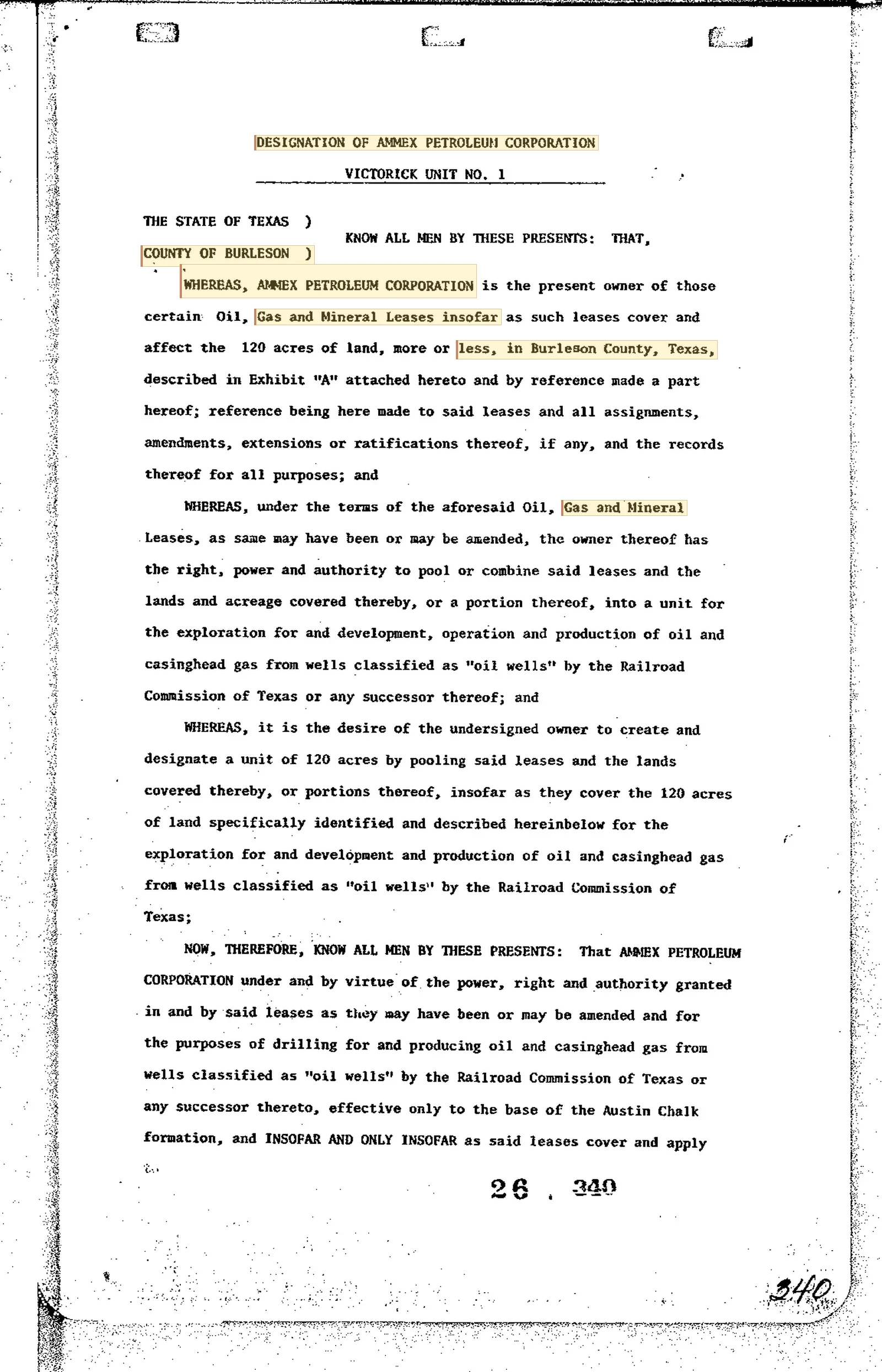 Ammex Petroleum, Inc. - Recorded Unit Designation (Vol. 26, Page 340)